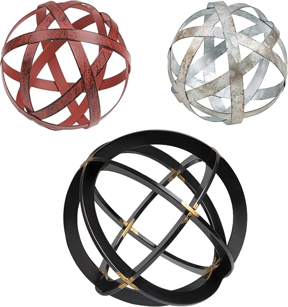 Decorative Sphere - Distressed Red 4,5" x 4,5" and Distressed Galvanized 4"x 4" and Black & Gold 7"x 7", Bundle
