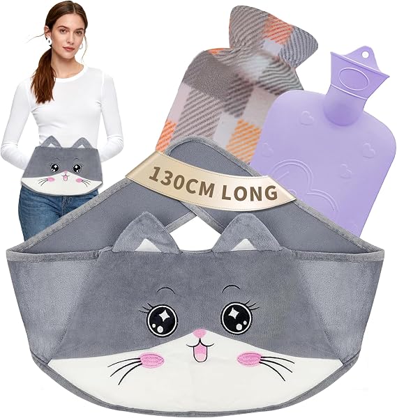 Hot Water Bag, Hot Water Bottle wtih Cover, 1L Rubber Warm Hot Water Bottles Pouch with 130cm Long Soft Waist Cover for Neck, Shoulder, Back, Hand, Legs and Period Pain Relief