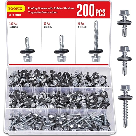 200PCS Roofing Screws with Rubber Washers, Galvanized Carbon Steel M4.8 Self Tapping Screw, 3 Sizes Self Drilling Screws for Metal, Hex Head Screw for Corrugated Roof Fixings