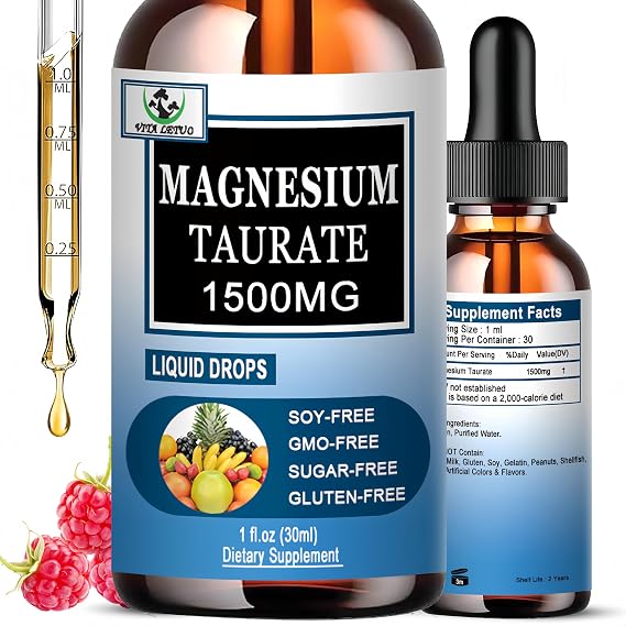Magnesium Taurate Liquid Drops, High Absorption Magnesium Taurate 1500mg for Cardiovascular Health, Muscle, Joint, and Heart Health*, Liquid Magnesium Supplement for Adults Women & Men, 30 Servings