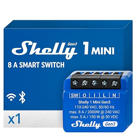 Shelly 1 Mini Gen3 - WiFi & Matter Smart Switch Relay, 1 Channel, 8A, Home Automation, Dry Contacts, Garage Door Remote Control, Compact Size, Alexa and Google Home, iOS & Android App, No Hub Required