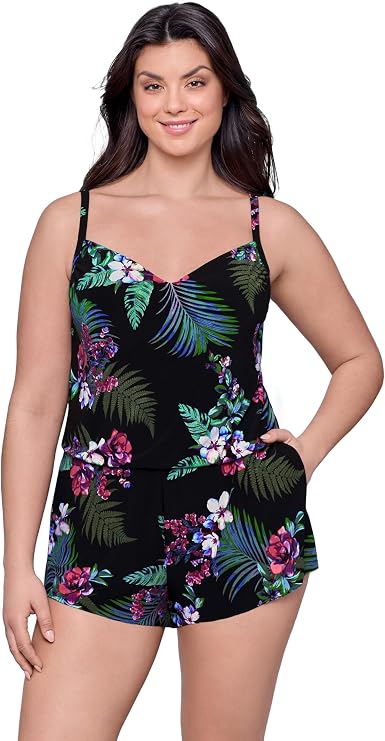Aqua Green Women's V-Neck Blouson Slimming Swim Romper with Pocket