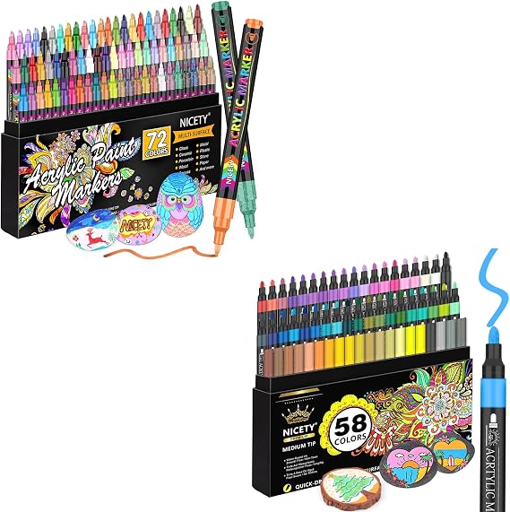 NICETY 72 Colors Acrylic Paint Pens Paint Markers and 58 Colors Acrylic Paint Pens Paint Markers Bundle