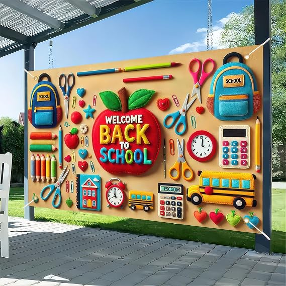 HOMETITUTE Welcome Back To School Banner 71x43 inch School Supplies Pattern Backdrop Banner for Preschool Kindergarten Back to School Party Decorations Supplies Backdrop Banners