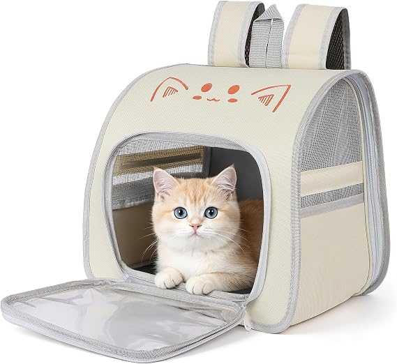 Cat Backpack Carrier, Breathable Pet Carrier Backpack for Small and Medium Cats and Dogs Up to 7kg, Lightweight Soft-Sided Pet Travel Rucksack for Hiking, Walking and Vet Visits (Apricot)