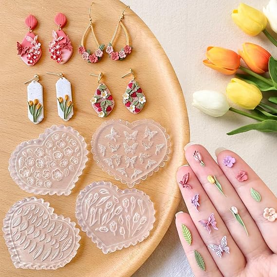 4pc Polymer Clay Molds - Flower，Butterfly,Rose & Leaf Air Dry Clay Molds, Reusable High-Temp Jewelry for Earrings with Polymer Cutters