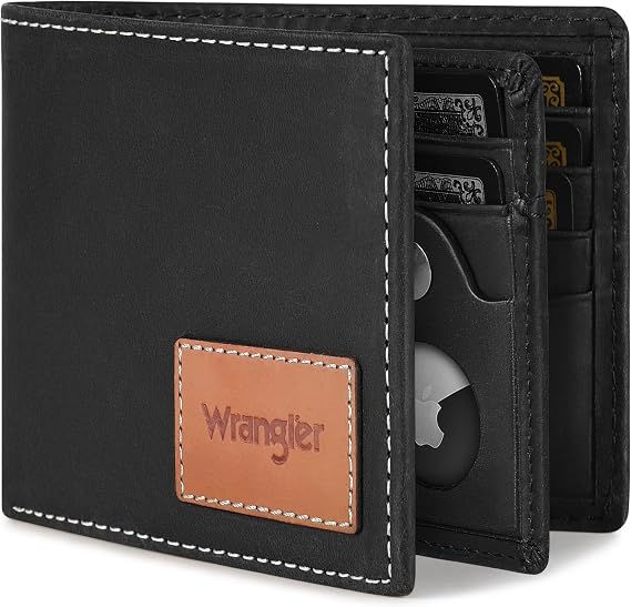 Wrangler Men's Wallet with AirTag Holder, Genuine Leather Bifold Wallet