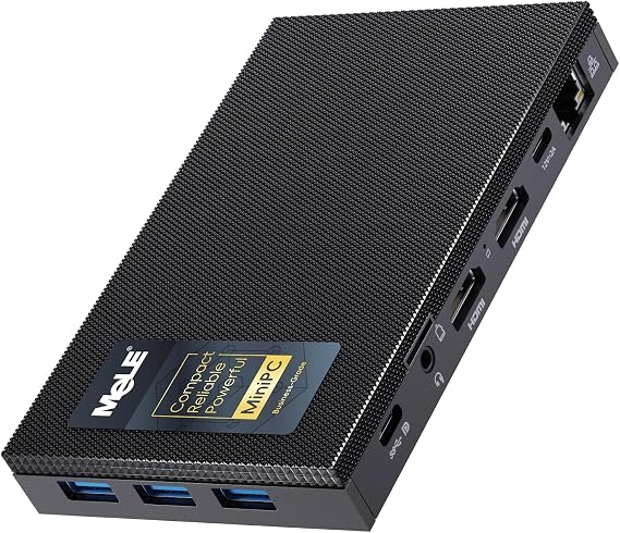 MeLE Quieter3C Fanless Mini PC, Celeron N5100, 8GB RAM, 256GB Storage | Full-Function USB-C, WiFi 5, Support Triple Screen Display, Slim Desktop on Industrial, Home, Office