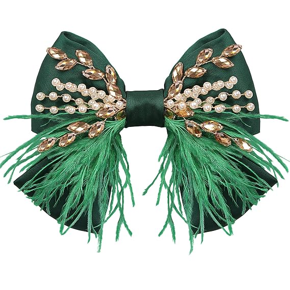 Large Hair Bows Clips for Women Girls Silk Satin Hair Barrettes, Feather Coquette Bows Hair Ties Ribbon Bow Claw Clip Hair Accessories with Pearl Crystal Green