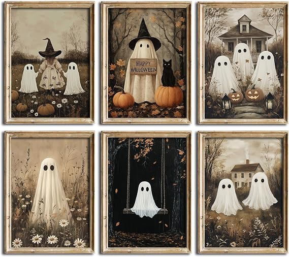 Halloween Ghost Wall Art Prints – Set of 6 Vintage Spooky Posters, Rustic Fall Home Décor with Pumpkins, Witch & Ghosts, Cosy Cute Halloween Aesthetic Pictures for Living Room & Bedroom (A4 Unframed)