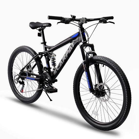 24/26/27.5 Inch Mountain Bike, Dual Full Suspension 21 Speed Womens Mens Mountain Bikes, Commuter Bike with Carbon Steel Frame and Dual Disc Brakes