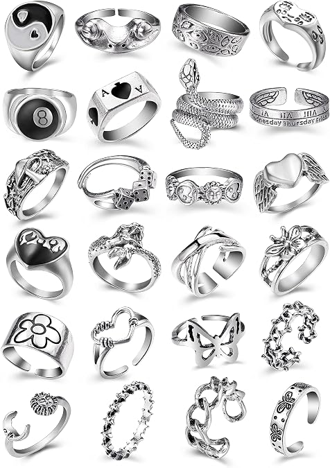 Vintage Silver Open Punk Rings for Men Women, 24PCS Adjustable , Alt, Chunky, Bulky Hippie Rings ,Cool Gothic Statement Stacking Ring, Skull Snake Star Flower Heart Eboy Emo Y2K Ring