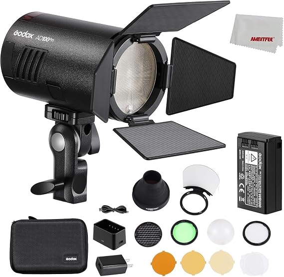 Godox AD100Pro AD100 Pro 100Ws TTL Outdoor Flash,2.4GHz Wireles XSystem,1/8000 HSS 2600mAh Battery 0.01-1.5s Recycling,with AK-R1 Round Head Accessories Kit, Three-Color Diffusers