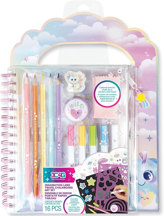 Make It Real 3C4G: Imagination Land Travel Chalkboard Art Set - 16pc Sketchbook & Supplies Pouch, Stencils-Colored Pencils-Chalk Pens-Stickers, Tween-Girls-Kids 6+