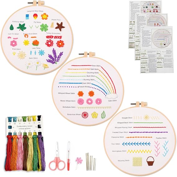 Myfilicity Embroidery Beginners Stitch Practice kit, 3 Embroidery Starter Kits, Learn 30 Different Stitching Techniques for Craft Enthusiasts to Hand-Stitch Fabric and Learn Embroidery Skills