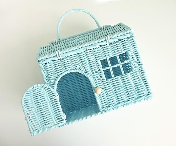 Rool Wicker Little Doll House Basket & Rattan Purse, House Shaped Basket Purse & Doll Carrier for Mouse Toys, Blue