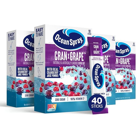 Ocean Spray Cran-GrapeTM Zero Sugar Powder Drink Mix Packets with Real Cranberry Juice Powder, 100% Vitamin C, No Synthetic Dyes, Juicy Mixes (40ct)