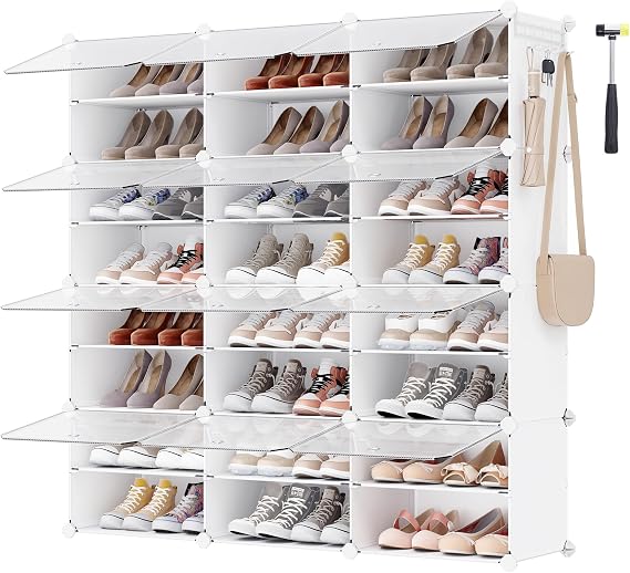 SONGMICS Interlocking Shoe Rack, Plastic Shoe Storage Cabinet, 12-Slot Modular Storage Organiser Unit, 30 x 40 x 30 cm for Each Slot, with Doors, Steel Frame, Plastic Panels, White LPC040W01