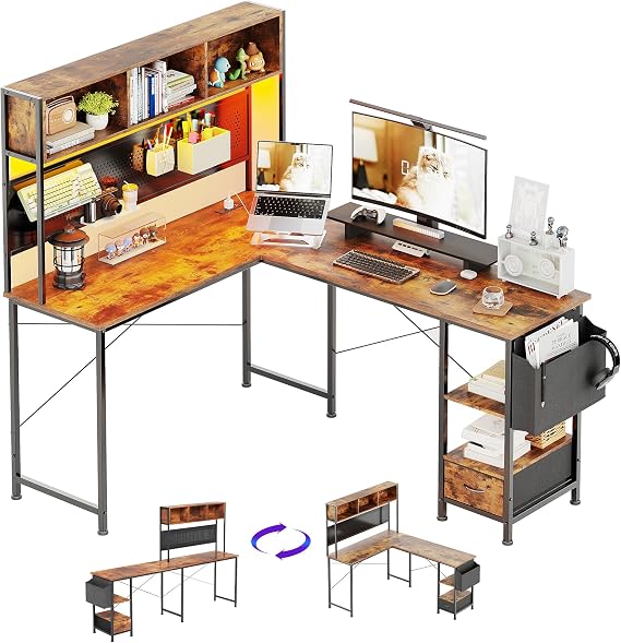 CAIYUN 58" L Shaped Gaming Desk, Corner Computer desk with LED Light & Power Socket, Reversible Gaming Table with Pegboard, L Desk for Home Office, Rustic Brown