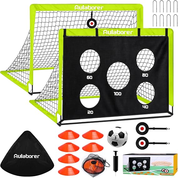 Soccer Goal, 2 Pack of 4x3ft Kids Soccer Goals Set for Backyard, Portable Pop-Up Soccer Net Training Equipment with Ball, Pump, Cones, Targets & Carry Bag for Outdoor Sports & Games