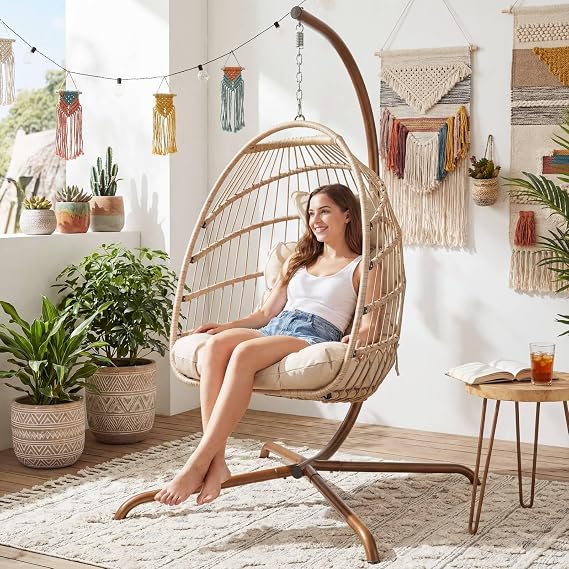 RADIATA Hanging Egg Chair Outdoor with Stand, Wicker Swing Egg Chair | 350 lbs Capacity, Beige All-Weather Wicker Swing Chair, Dome Design Hanging Egg Hammock Basket Seat with Cushion for Patio