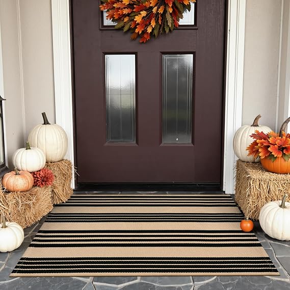 KIMODE Front Door Mats Outdoor Fall Front Porch Rug Layered Welcome Mats | 24"x35", Black and Khaki,Striped,Farmhouse,Fall Outdoor Porch Decor,Washable,Cotton Hand Woven,Rugs for Entryway Autumn Decor