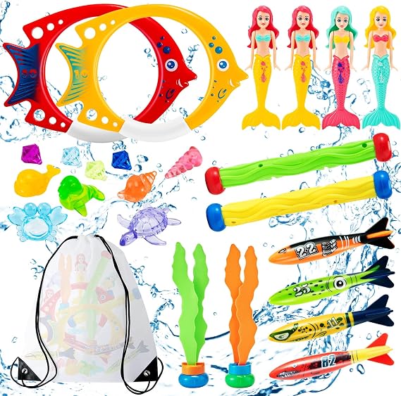 Mactoou Dive Sticks, 24 Pcs Diving Pool Toys Sinkers with Storage Bag, Summer Swimming Toys with Diving Mermaids, Dive Sticks, Diving Rings, Diving Seagrass, Torpedo Bandits for Kids
