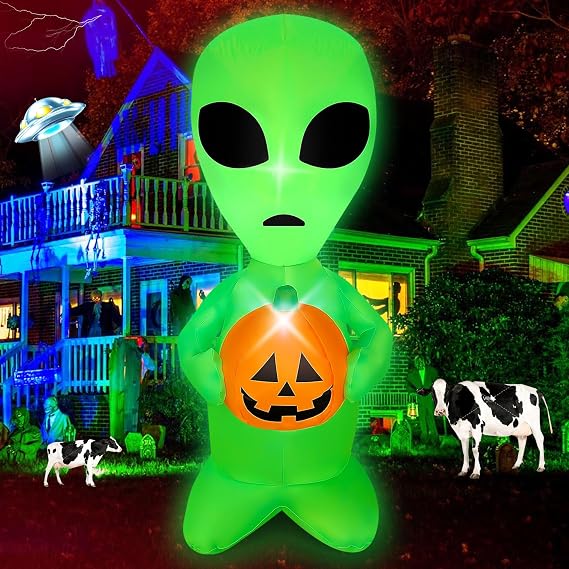 4 FT Halloween Inflatable Alien with Pumpkin Decorations LED Lighted Halloween Blow Ups for Halloween Party Indoor Outdoor Garden Yard Decor