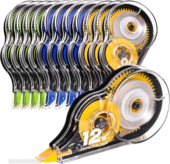 Yoosso 12er Pack Korrekturroller 12m x 5mm Korrekturbänder Set Korrekturmaus Mini mit Schutzkappe Korrektur Tape für Kinder Zuhause Büro Schulsachen (Gelb&Blau&Grün)