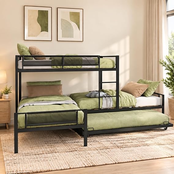 L-Shaped Triple Bunk Bed with Trundle, Twin Size Metal Bunk Bed for 4, Space-Saving Quad Bunk Bed with Textilene Guardrails & Wood Slats, Black, for Bedroom, Dorm & Guest Room