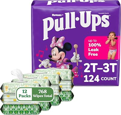 Pull-Ups Girls Training Pants & Huggies Natural Care Sensitive Wipes Bundle: Size 2T-3T, 124ct Pants & 12 Packs 768 Wipes Total - Unscented Packaging May Vary