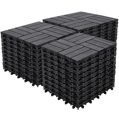 Bliss Outdoors Hardwood 12-Slat Interlocking Deck Tiles, Acacia Wooden Waterproof Patio Flooring or Balcony Indoor/Outdoor, Aged Black, Set of 30