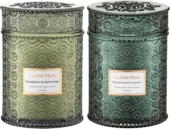 LA JOLIE MUSE Forest Candle Duo | 219 oz | Starlit Golden Fir & Koya Hinoki & Cypress | Woodland, Calm, Tranquil | Gift-Wrapped Soy Candles with Wooden Wicks | Holiday Home Decor Gift