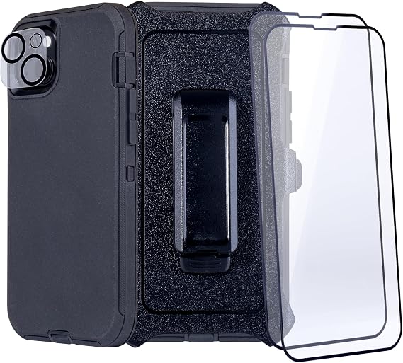 Case for iPhone 16e (6.1") with 2 x Camera & Screen Protectors | Heavy Duty Full Body Military Grade Drop Protection Carrying Cover Holder | Holster for Men Belt with Clip Stand Black