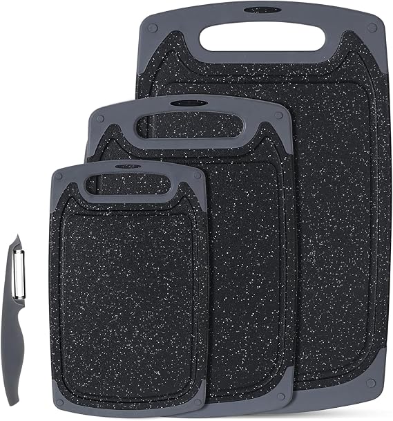 Chopping Board Set, Kitchen Cutting Boards with Non-Slip Feet and Deep Drip Juice Groove, 3PCS BPA Free Plastic Chopping Boards Dishwasher Safe Cutting Board, Black | 3PCS BPA Free Plastic Cutting Boards, Dishwasher Safe, Non-Slip Feet, Easy Grip Handle