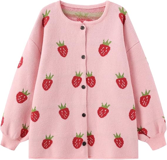 Women's Kawaii Strawberry Knit Oversized Sweater Cute Cardigan Open Front Aesthetic for Teen Girls Y2k Korean Jacket Tops