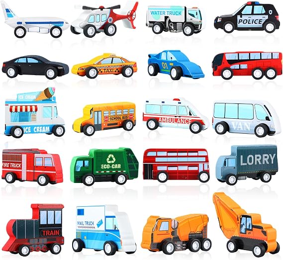 Blosssound 20 Pcs Wooden Car Vehicle Set for Toddlers Wooden Vehicle Community Helpers Toys with Police Fire Trucks Ambulance Car Toys Gift for Kids Preschool Classroom Educational Activity