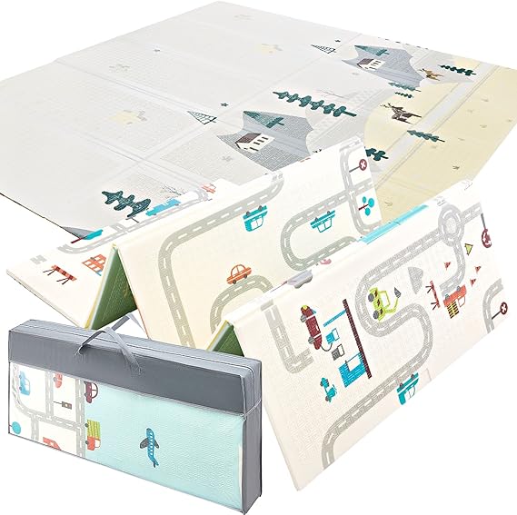 Mamabrum Waterproof Baby Play Mat and Toys, Double-Sided Foldable Tummy Time Mat 180 x 120 x 1 cm, Soft Foam Design for Crawling, Learning and Development (Mountains and Street)