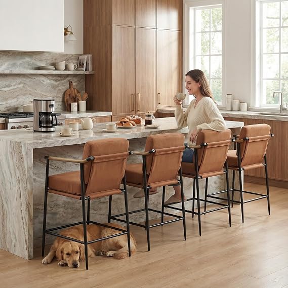 LukeAlon 26" Faux Suede Wood Arm Counter Stools Set of 4, Brown