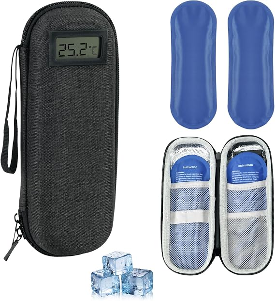 Insulin Cooler Travel Case with Temperature Display, Reusable Ice Packs | Keeps Medication Cool, Shock-Absorbing Hard Shell, Wipeable Aluminum Foil Lining, Portable Carry Handle for Flights & Travel