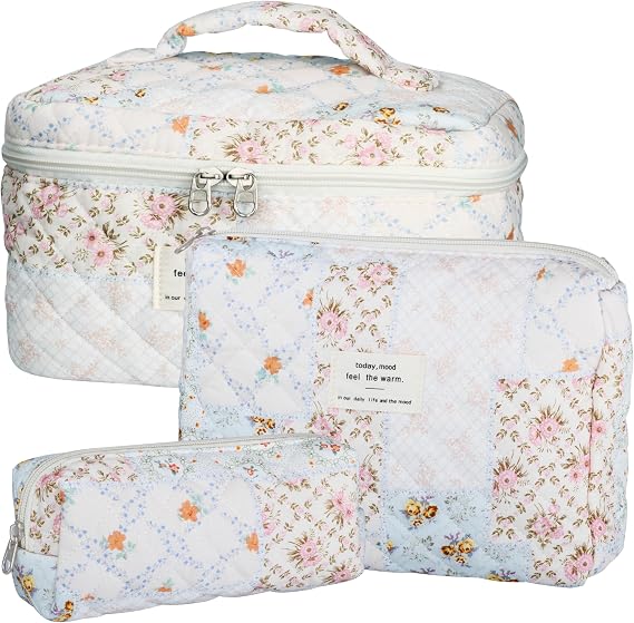 TESAFNG Quilted Makeup Bag Set - 3 PCS Cute Floral Cotton Makeup Bag, Large Coquette Aesthetic Make up Cosmetic Bag, Flower Travel Toiletry Organizer Bags for Women Girls