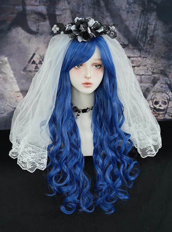 7JHH WIGS Long Wavy Blue Costume Cosplay Mermaid Bridal Wig Halloween Party Used High Temperature Heat Resistant Fiber Natural Hairline Cos Wig for Women