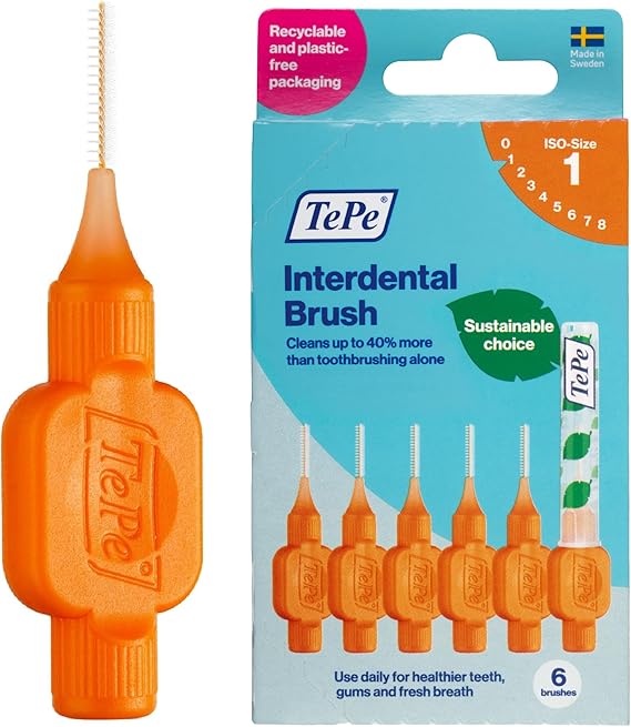 TePe Interdental Brush Original, Soft Dental Brush for Teeth Cleaning, Pack of 6, 0.45 mm, Extra-Small/Small Gaps, Orange, Size 1