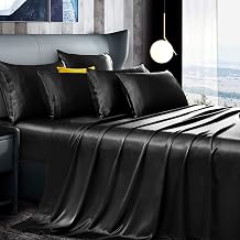 Manyshofu 7Pcs Black Satin Sheets Queen Size Set, Luxurious & Soft Satin Bedding - 1 Fitted Sheet, 1 Flat Sheet, 4 Pillowcases + 1 Body Pillowcase
