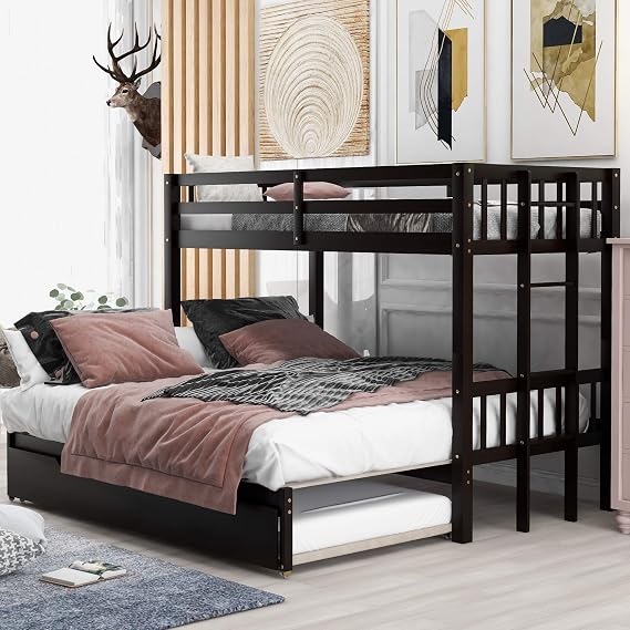 Bellemave Twin Over Twin/King Bunk Beds with Trundle, Twin Over Pull-Out bunk Bed Accommodate 4 People for Kids, Adult, Extendable Bunk Beds with Ladder and Safety Rail,Espresso