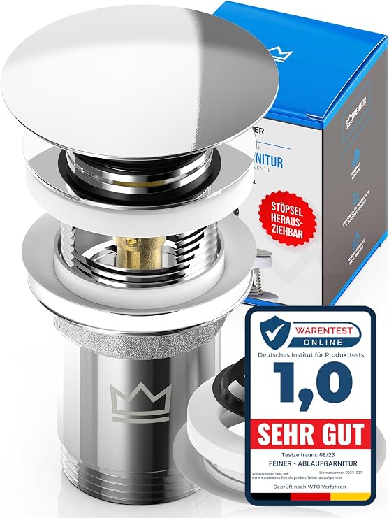 FEINER® Universal Sink Drain Fitting - Suitable for Sinks & Sinks with and without Overflow Pull-Out Plug with Hair Catcher Includes Free Replacement Seals & Installation Instructions