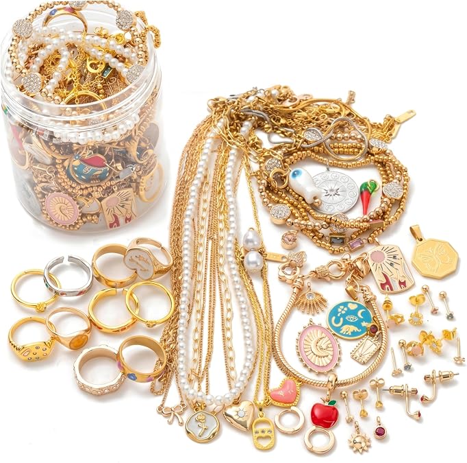 Jewelry Jar Mystery Jewelry Jar, 25-Piece Assorted Alloy Set with Earrings, Necklaces, Rings & Hair Clips, Gold