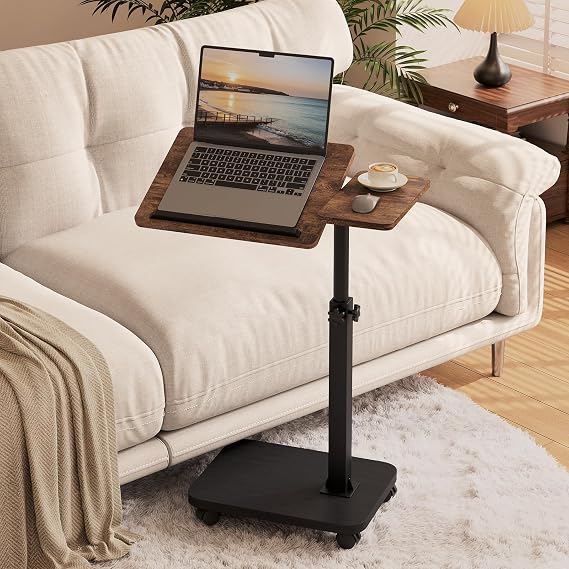 BROTTAR Rolling TV Tray Table with Wheels, Height Adjustable C Table, Brown