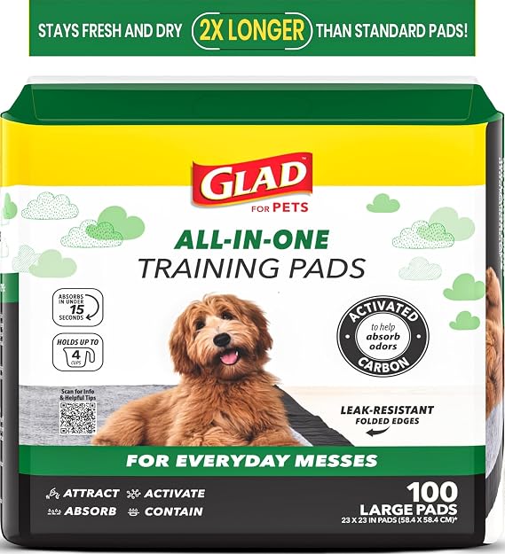 Glad for Pets Activated Carbon Disposable Dog Training Pads, 100 Count | Ideal for puppies, senior dogs, incontinence, and post-surgery, ultra-absorbent, keeps floors & crates dry, 23 x 23 in