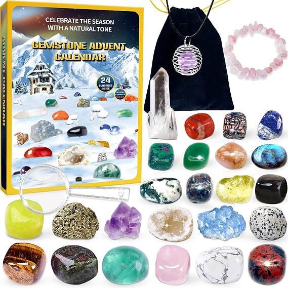 Gemstone Advent Calendar 2026 for Kids with 24 Days Christmas Countdown, Grystals & Natural Rock Stones & Minerals for Exploring, Learning, Collection, Xmas Gift for Girls Boys Geology Enthusiasts